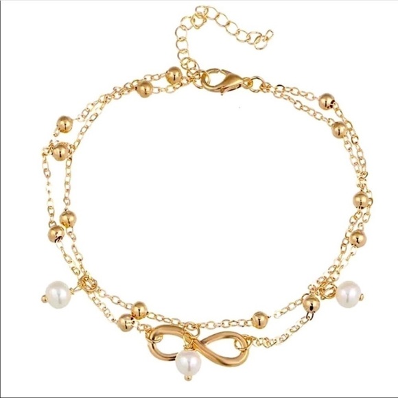 Ankle Bracelet Gold Pearl 2 Chains Infinity Pendant - Picture 3 of 5